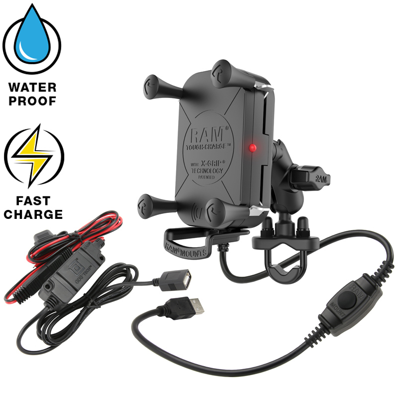RAM-B-149Z-A-UN12W-V7M Induktive Motorrad Halterung für Smartphones, Bügelschelle 0,5-1,25" 1