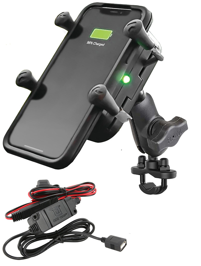 RAM-B-149Z-A-UN12W-V7M Induktive Motorrad Halterung für Smartphones, Bügelschelle 0,5-1,25" 1